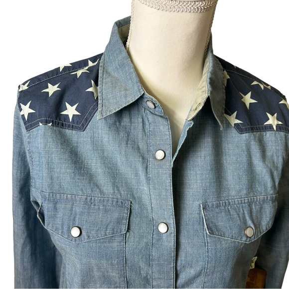 COMMANDER LIFE womens whistle chambray denim USA stars button long sleeve shirt - Picture 3 of 6